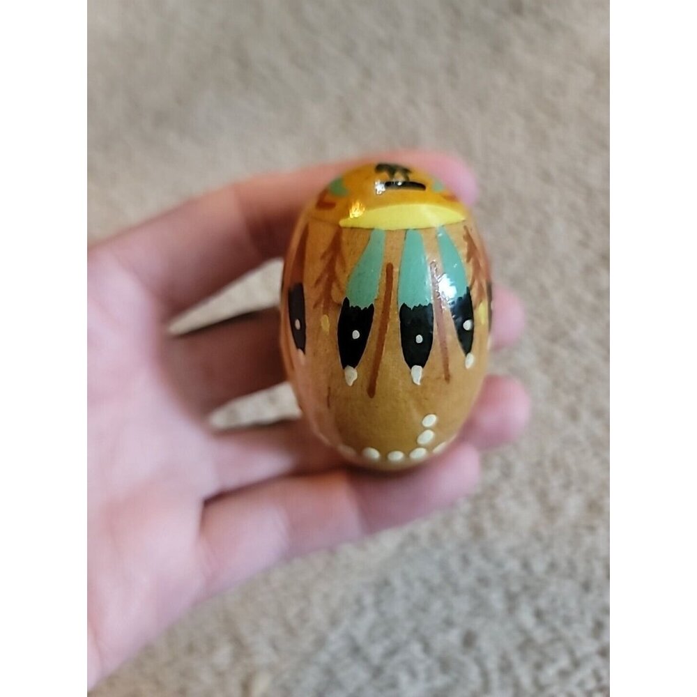 Vintage Hand Made Mexico Wood Hand Painted Egg Figurine Feathers Girl